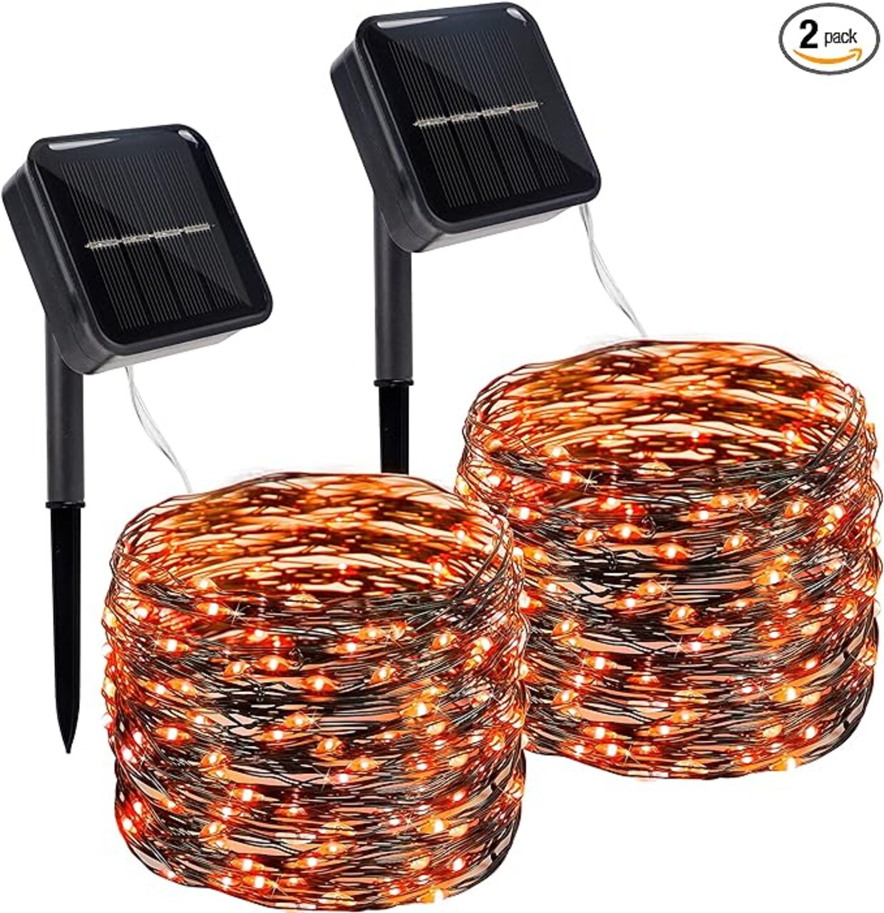 2 Pack Outdoor Solar String Lights, 39.4 FT 120 LED Solar Powered Decorative Fairy Lights with 8 Modes, Waterproof Black Wire Light for Thanksgiving, Patio, Yard, and Party, Orange